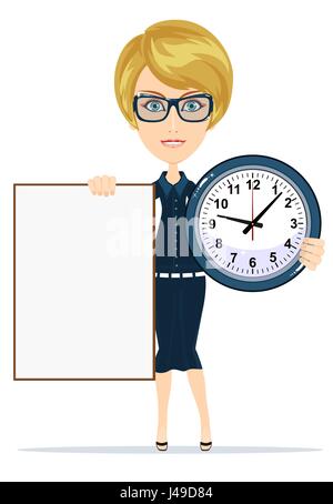 Frau hält eine leere Plakat und Uhr Stock Vektor