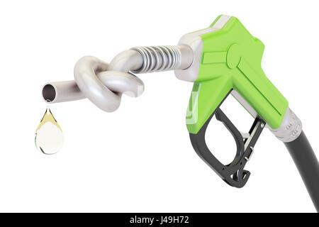 Krise Energiekonzept. Gas-Pumpe-Düse gebunden in einem Knoten, 3D-Rendering isolierten auf weißen Hintergrund Stockfoto