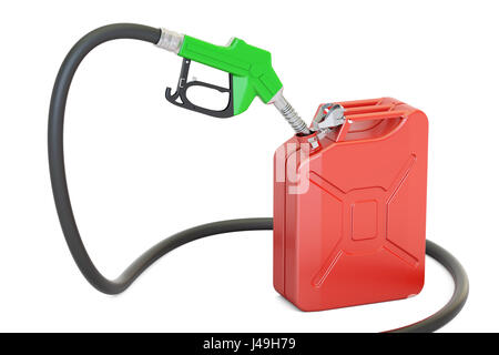 Gas-Pumpe-Düse mit Kanister, 3D-Rendering isolierten auf weißen Hintergrund Stockfoto