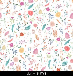 Frühling nahtlose Blumenmuster auf weißem Hintergrund. Helle Blüten und Blätter, flaches Design. Hintergrund für Stoff, Papier, Kinder Bekleidung. Stock Vektor