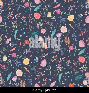 Bunte nahtlose Blumenmuster auf dunklem Hintergrund. Helle Blüten und Blätter, flaches Design. Hintergrund für Stoff, Papier, Kinder Bekleidung. Stock Vektor
