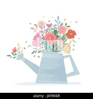 Eine helle Komposition aus Blumen in einem Garten Gießkanne. Ernte-Blume-Einmachglas. Hochzeit-Vektor-illustration Stock Vektor