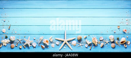 Starfish And Seashell On Blue Plank Stockfoto