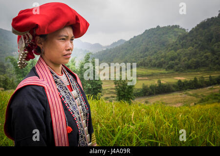 SAPA, VIETNAM - ca. SEPTEMBER 2014: Junge Frau aus der roten Dao Minderheit auf den Reisfeldern in Ta Phin Dorf in der Nähe von Sapa, Nord-Vietnam. Stockfoto