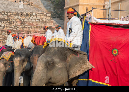 Mahout und Elefant warten auf Touristen bis zu Amer Fort in Jaipur, Indien zu nehmen. Stockfoto