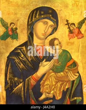 Das ursprüngliche Symbol der ewigen Hilfe ist ein verehrtes religiöses Bild, das oft mit der Hingabe an die Muttergottes der ewigen Hilfe in christlicher Tradition in Verbindung gebracht wird. Es stellt die Jungfrau Maria und das Kind mit deutlichen symbolischen Elementen dar, die göttlichen Schutz und Heil darstellen. Stockfoto