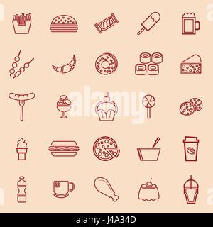 Fast-Food-Linie farbige Icons auf braunem Hintergrund, Lager Vektor Stock Vektor
