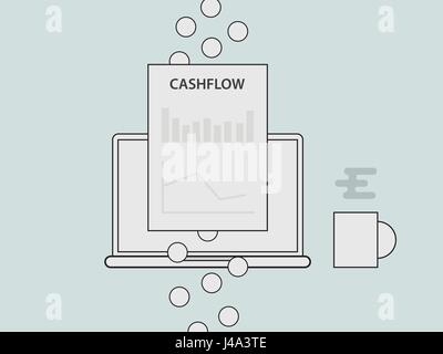 Cashflow-Konzept-Illustration mit Laptop ein Glas Kaffee und Papier Diagramm Diagramm Dokument Finanz-und Goldmünze Geldflusses mit Vektor-Linienart Stock Vektor