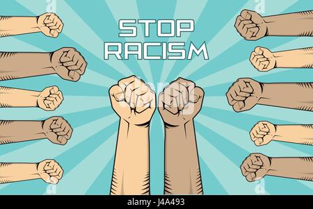 Stopp Rassismus Abbildung mit einer Menge von Menschen Hand Show Kämpfe dagegen mit Vielfalt Hautfarbe Stock Vektor