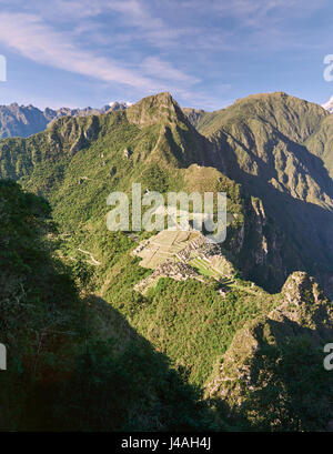Machu Picchu-Stadt aus Stein Luftbild. Schöne Machu Picchu Berg Wahrzeichen Stockfoto