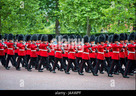 LONDON - 20. November 2016: Royal Guards in traditionellen Rotröcke und Bären Fell Busby Hüte in Formation auf der Mall in einem Trooping marschieren die Farbe. Stockfoto