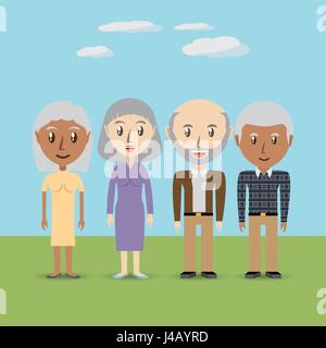 Avatare-Männer und Frauen unterschiedliche Vielfalt über schöne Landschaft gesetzt Stock Vektor
