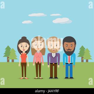 Avatare-Männer und Frauen unterschiedliche Vielfalt über schöne Landschaft gesetzt Stock Vektor