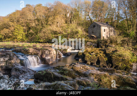 Weitwinkel-Langzeitbelichtung von Cenarth stürzen und alte Wassermühle, Cenarth, Wales, UK Stockfoto