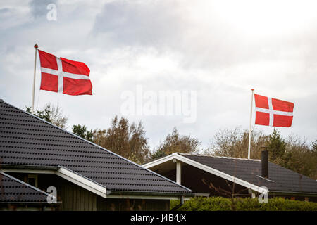 Dänische Flagge Feier in einem Lande Viertel mit kleinen Häusern und maßstabsgerechte Stockfoto