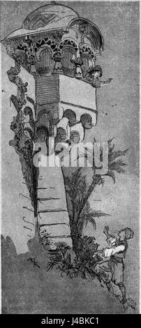 Diese Illustration von Robida zeigt die berühmte Figur Aladdin in einer fantastischen Szene und zeigt Robidas einzigartigen künstlerischen Stil aus dem späten 19. Jahrhundert. Stockfoto