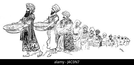 Eine Illustration aus dem Werk des französischen Künstlers Albert Robida aus dem 19. Jahrhundert, die eine Szene aus der Geschichte von Aladdin darstellt und seine detaillierte Linienarbeit und seine lebendige Fantasie zeigt. Stockfoto