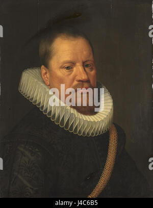 Ein Porträt eines Mannes im Rijksmuseum, bekannt unter der Katalognummer SK A 577. Das Gemälde fängt das Motiv in einer formalen Pose ein und spiegelt den Stil und die gesellschaftlichen Normen der Zeit wider, in der es geschaffen wurde. Stockfoto