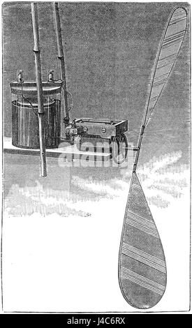 Dieses Bild von *Popular Science Monthly* zeigt einen Miniatur-Elektromotor und -Propeller, der 1881 von Tissandier entworfen wurde. Die Erfindung stellt frühzeitige Fortschritte in der Elektromotortechnologie und ihre Anwendung in Antriebssystemen dar. Stockfoto