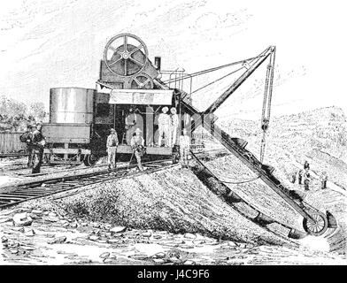 Ein Bild von Popular Science Monthly (PSM), das einen französischen Bagger in Aktion zeigt. Dieses historische Bild zeigt die Fortschritte bei Baumaschinen im frühen 20. Jahrhundert und ihre Auswirkungen auf die Ingenieurtechnik. Stockfoto