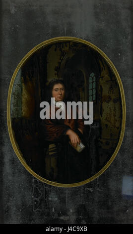Dieses Porträt zeigt einen Mann in Kleidung aus dem 17. Jahrhundert, der im Rijksmuseum untergebracht ist. Das Gemälde fängt die Mode und den Stil dieser Zeit ein und bietet einen Einblick in historische Bekleidungspraktiken. Stockfoto