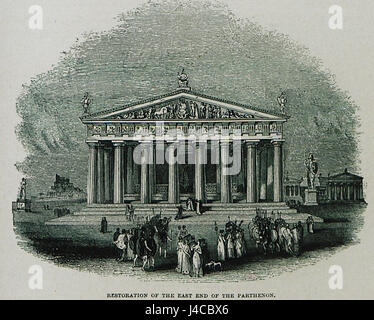 Das Werk von Christopher Wordsworth aus dem Jahr 1882 konzentriert sich auf die Restaurierung des östlichen Endes des Parthenon, eines der berühmtesten Bauwerke des antiken Griechenland. Das Parthenon auf der Akropolis von Athen ist ein Symbol der klassischen griechischen Zivilisation und der Restaurierungsbemühungen des 19. Jahrhunderts. Stockfoto