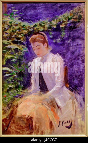 Ramon Casas’ Gemälde „Dama Blanca“ (Weiße Dame) zeigt eine bemerkenswerte Darstellung einer Frau in einem weißen Kleid, die die Fähigkeit des Künstlers demonstriert, Licht, Schatten und Farbe in Porträts einzufangen. Stockfoto