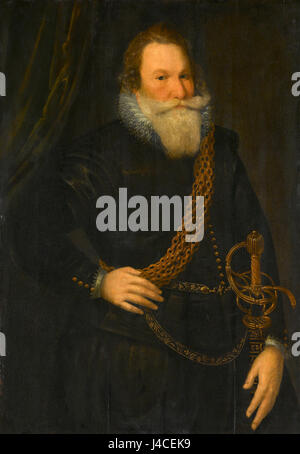 „Portret van een man“ ist ein Porträtbild im Rijksmuseum, das das Bild des Motivs in einem detaillierten, historischen künstlerischen Stil zeigt. Stockfoto