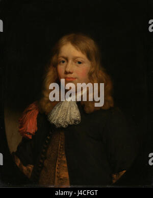 Dieses Gemälde „Portret van een jonge man“ im Rijksmuseum zeigt einen jungen Mann aus dem 17. Jahrhundert. Das Kunstwerk zeigt die detailreiche Mode und den Stil der Zeit und spiegelt das Können des Künstlers wider, sowohl das Individuum als auch die Ästhetik des periodâ einzufangen. Stockfoto