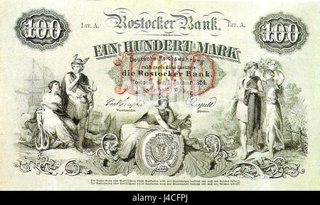Die Rostocker Bank 100 Mark Note aus dem Jahr 1874 zeigt komplizierte Gravuren der Geschichte und Architektur der Bank. Sie stellt ein wichtiges Stück deutscher Währung aus dem späten 19. Jahrhundert dar, das die finanzielle Stabilität der Region während dieser Zeit verdeutlicht. Stockfoto