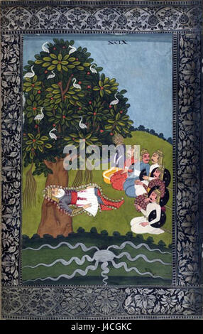 „Razmnama Bhishma“ ist ein historisches indisches Manuskript, das die Geschichte von Bhishma aus dem Mahabharata erzählt. Er konzentriert sich auf sein Leben, seine Opfer und seine Schlüsselrolle in der epischen Schlacht zwischen den Kauravas und Pandavas. Stockfoto