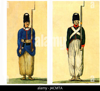 Qajar Soldat in der frühesten uniform (1808) und der französischen probieren (1810) Stockfoto