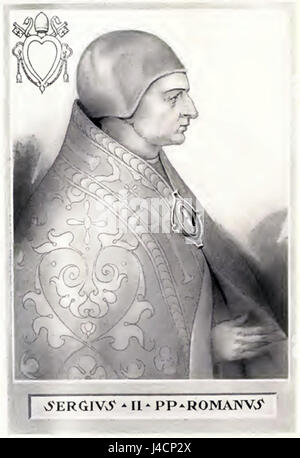 Eine Illustration von Papst Sergius II., der von 844 bis 847 Papst war. Sein Papsttum zeichnet sich durch seine kurze Dauer und historische Bedeutung während einer turbulenten Zeit in der katholischen Kirche aus. Stockfoto