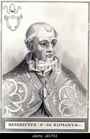 Eine Illustration von Papst Benedikt III., der von 855 bis 858 Papst war. Bekannt für sein kurzes Papsttum, war Benedikt IIIâ Herrschaft geprägt von Bemühungen, die Kirche zu stabilisieren und ihren Einfluss in einer turbulenten Zeit in der Geschichte des Papsttums zu stärken. Stockfoto