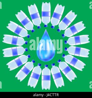 Satz von Plastikflaschen und blauen Wassertropfen Stock Vektor