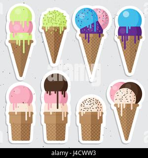 Satz von Eis Kegel flach Vektorgrafik. Stroberry Eis Sahne, Schokolade und Vanila Zapfen. Heidelbeer-Eiscreme-Kegel, Pistazieneis. Stock Vektor