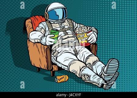 Astronaut das Publikum mit Bier und Popcorn in einem Sessel sitzend. Einsamkeit im Raum. Pop-Art-Retro-Vektor-illustration Stock Vektor