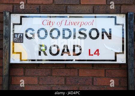 GOODISON ROAD STRAßENSCHILD EVERTON V WATFORD GOODISON PARK EVERTON ENGLAND 8. August 2015 Stockfoto