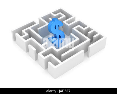 Dollar-Symbol blau in weiß Labyrinth, dies ist ein 3d gerendert Computer generierte Bild. Isolated on White. Stockfoto