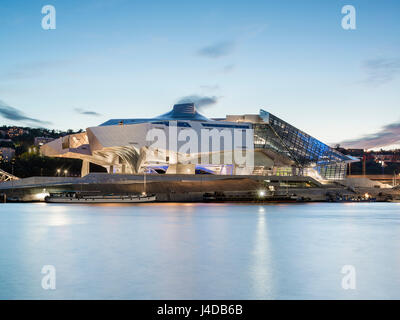 Gesamtansicht mit Blick über die Rhone in der Abenddämmerung. Musée des Confluences, Lyon, Frankreich. Architekt: Coop Himmelb (l) au, 2014. Stockfoto