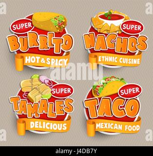 Satz von traditionelle mexikanische Küche Logo, Etikett, Lebensmittel oder Aufkleber. Burritos, Nachos, Tamales, Taco-Logo, Aufkleber, traditionellen Produktdesign für Geschäfte, Marke Stock Vektor