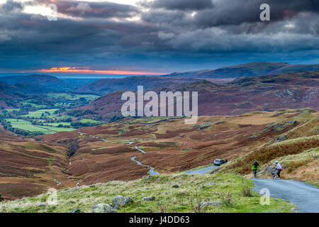 Blick von Hardknott Pass, Nationalpark Lake District, Cumbria, England, Vereinigtes Königreich, Europa. Stockfoto