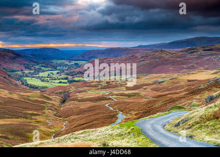 Blick von Hardknott Pass, Nationalpark Lake District, Cumbria, England, Vereinigtes Königreich, Europa. Stockfoto