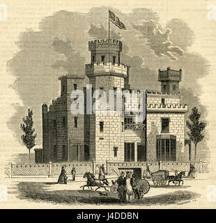 Antike 1854 Gravur, Residenz des Samuel L. Carleton in Portland, Maine. Carletons Burg befand sich in St Lawrence an der Ecke zur Congress Street. Es wurde entworfen und gebaut von Henry Rowe. Carleton bewohnte das Schloss bis zu seinem Tod im Jahre 1908. Seine Witwe weiter lebte dort bis 1912 und 1914 wurde das Haus abgerissen. QUELLE: ORIGINAL GRAVUR. Stockfoto