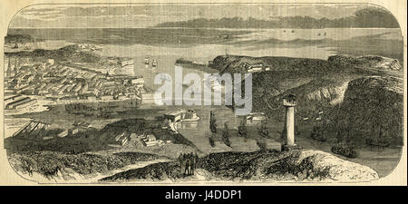 Antike 1854 Gravur, Ansicht von Sebastopol, eine der Festungen des russischen Strong. Sewastopol ist eine Stadt im Südwesten der Halbinsel Krim am Schwarzen Meer. QUELLE: ORIGINAL GRAVUR. Stockfoto