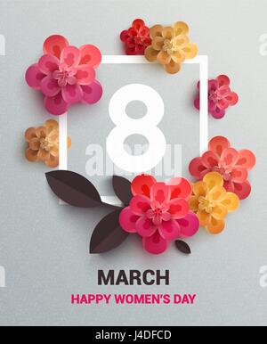 Postkarte an 8. März mit Papierblumen. Abbildung kann in Newsletter, Broschüren, Postkarten, Eintrittskarten, Werbung, Banner verwendet werden. Congratul Stock Vektor