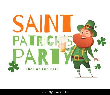 Banner-Design-Vorlage Party St. Patrick. Einfaches Banner mit Kobold und Bier für die Website, Shop, Magazin Aktionen. Banner mit Platz für Text. Stock Vektor