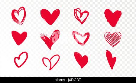 Sammlung von Doodle rote Herzen auf einem transparenten Hintergrund. Schönen Herzen können Sie Aufkleber für den Valentinstag. die Hand gezeichnete illustration Stock Vektor