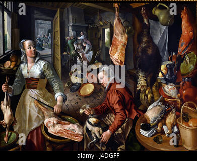 Die vier Elemente: Feuer 1570 Joachim Beuckelaer 1533 – 1574 Antwerpen flämischen Belgien belgische (Feuer ist eine der Beuckelaers ambitioniertesten Werke, kombiniert das Stillleben von Hanken von Fleisch und Geflügel vorbereitet für das Kochen auf dem Feuer darüber hinaus mit einem dramatischen Einsatz von Perspektivkonstruktionen mit mehreren Fluchtpunkten. Über die Küche zeigt Christus mit Martha und Maria sitzen. ) Stockfoto