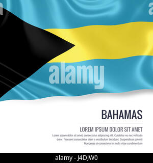 Seidige Flagge der Bahamas winken auf einem isolierten weißen Hintergrund mit dem weißen Textbereich für Ihre Anzeige Nachricht. 3D-Rendering. Stockfoto